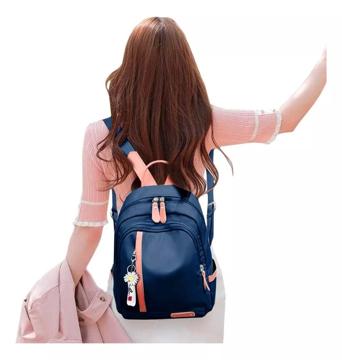 Mochila Feminina Impermeável de Nylon com Chaveirinho azul - Imagem principal